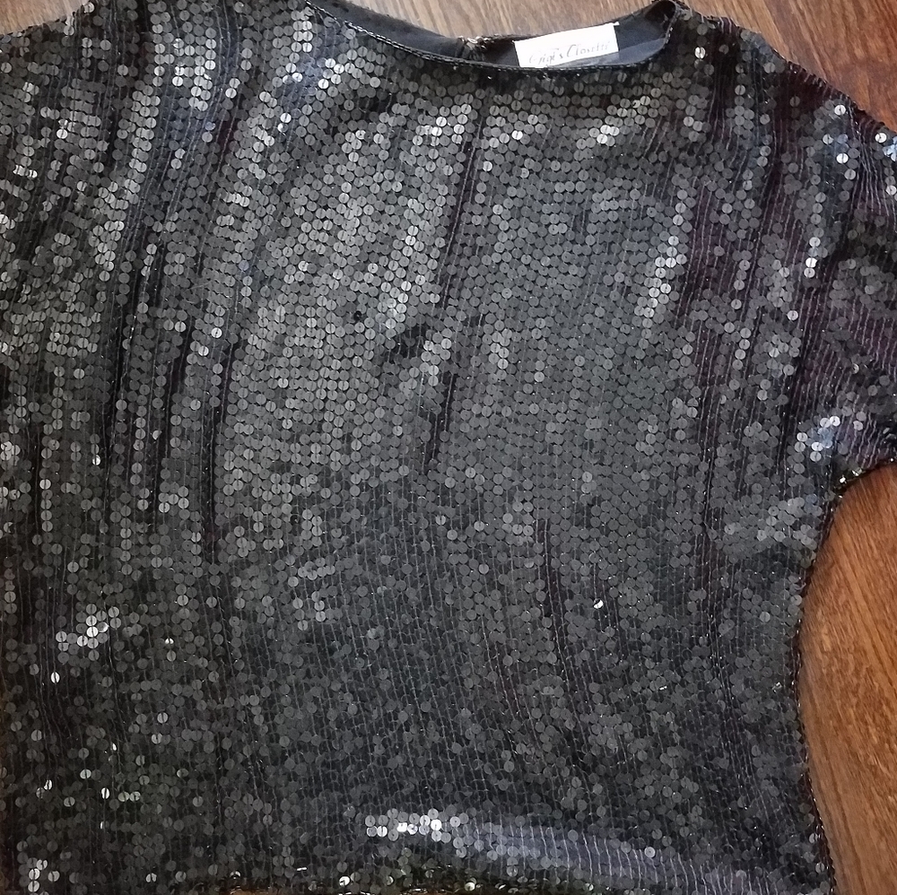 Vtg Black Sequin Disco Top Size Small